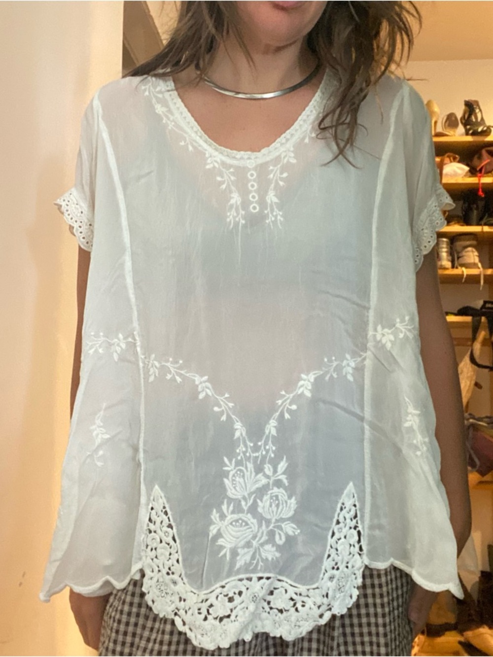 Johnny Was rayon swing blouse top white LARGE embroidered floral